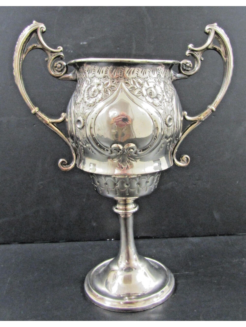 Victorian Silver Plated Trophy Cup Cast Scroll Handles Chased Floral Design